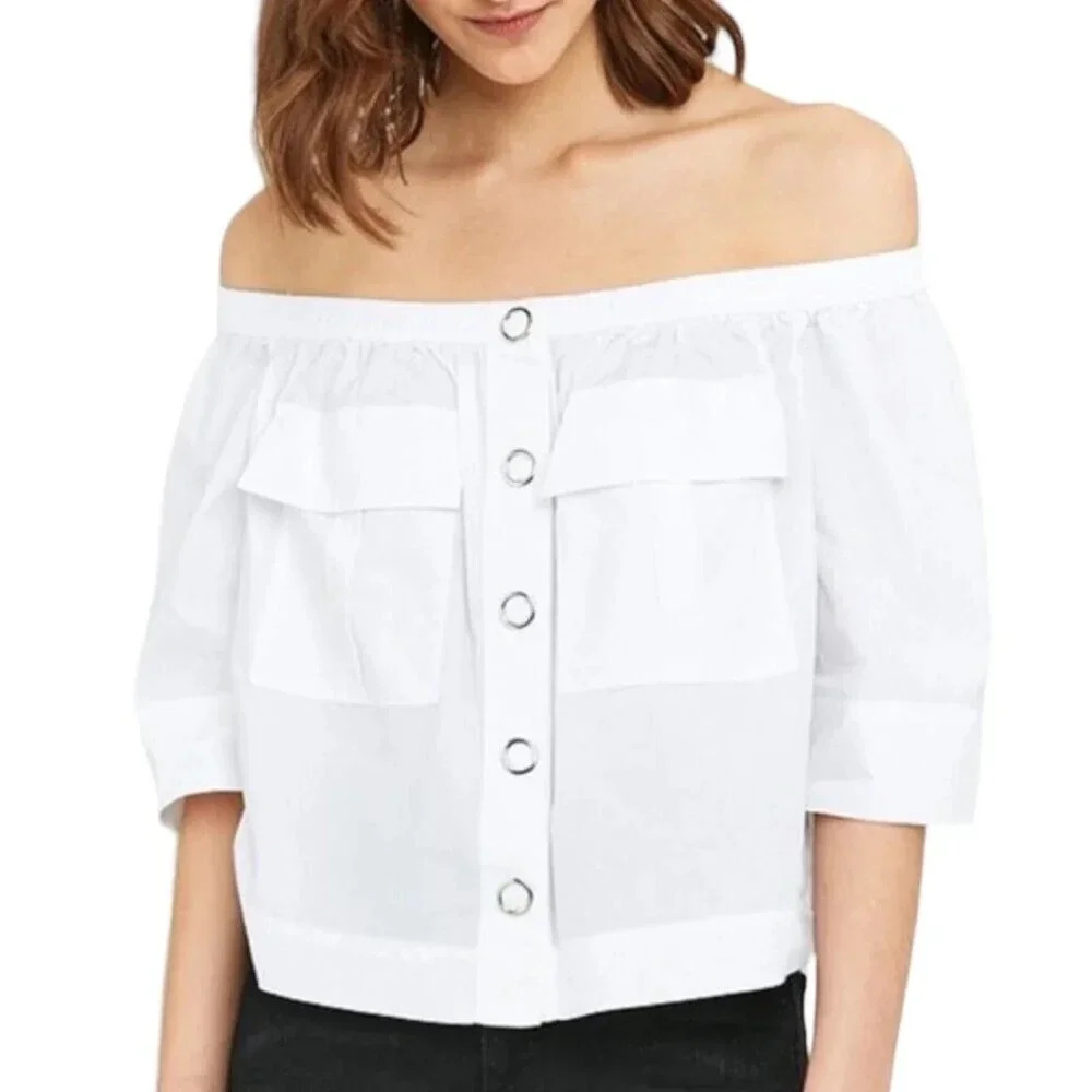 Free People White Head Over Heels Snap Front Off Shoulder Top XS